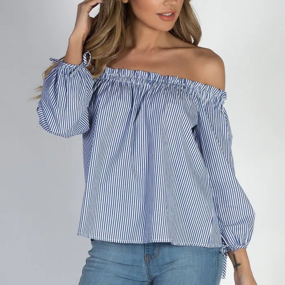 Smooth Seas Blue and White Striped Off-the-Shoulder Crop Top!